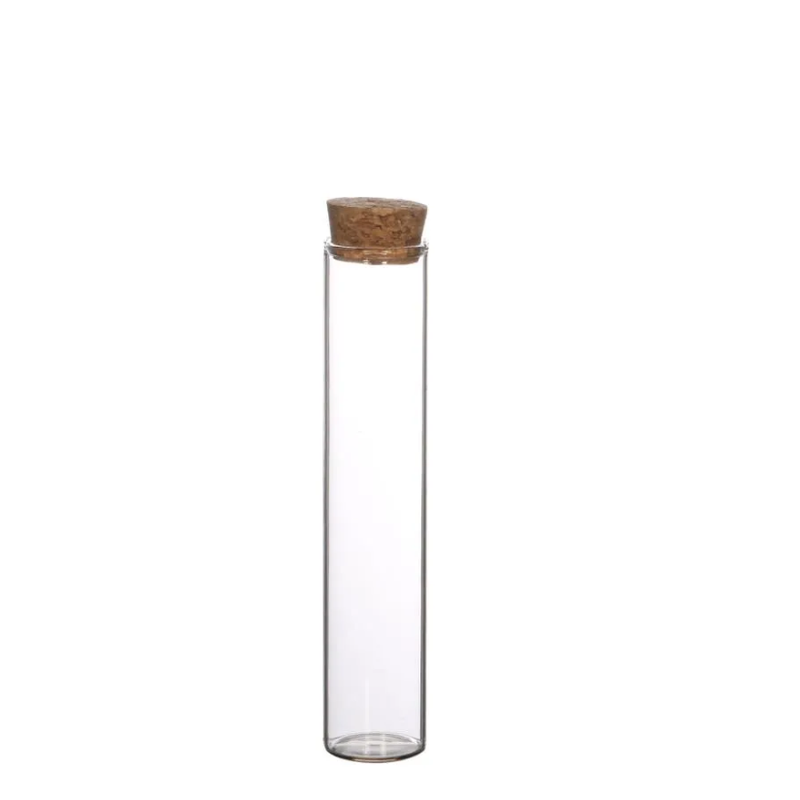 Clear glass tube with cork stopper on white background