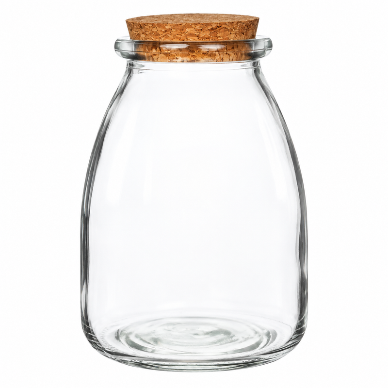 Clear rounded glass jar with cork stopper, square white background