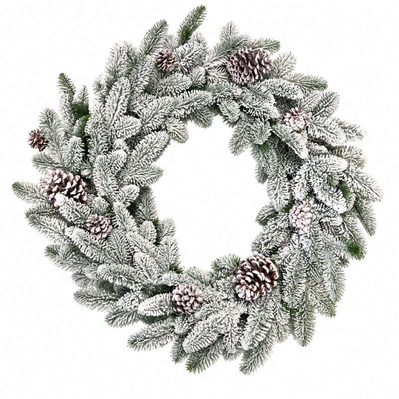 Snow flocked Christmas wreath with pine cones on a white background